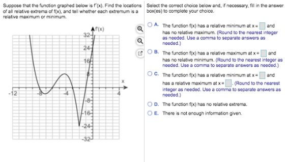 Suppose that the function graphed below is f(x). Find the locations of all relative extrema of f(x), and tell whether each ex
