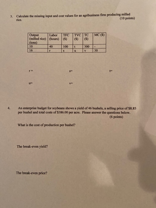 3. Calculate the missing input and cost values for an agribusiness firm producing milled rice. (10 points) MC($) TVC ITC (5)