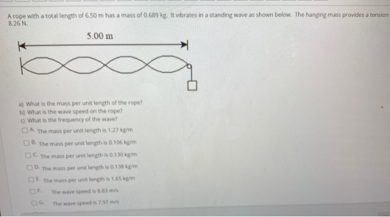 A rope with a total length of 6.50 m has a mass of 0.689 kg. It vibrates in a standing wave as shown below. The hanging mass