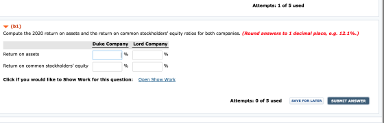 Attempts: 1 of 5 used (b1) Compute the 2020 return on assets and the return on common stockholders equity ratios for both co