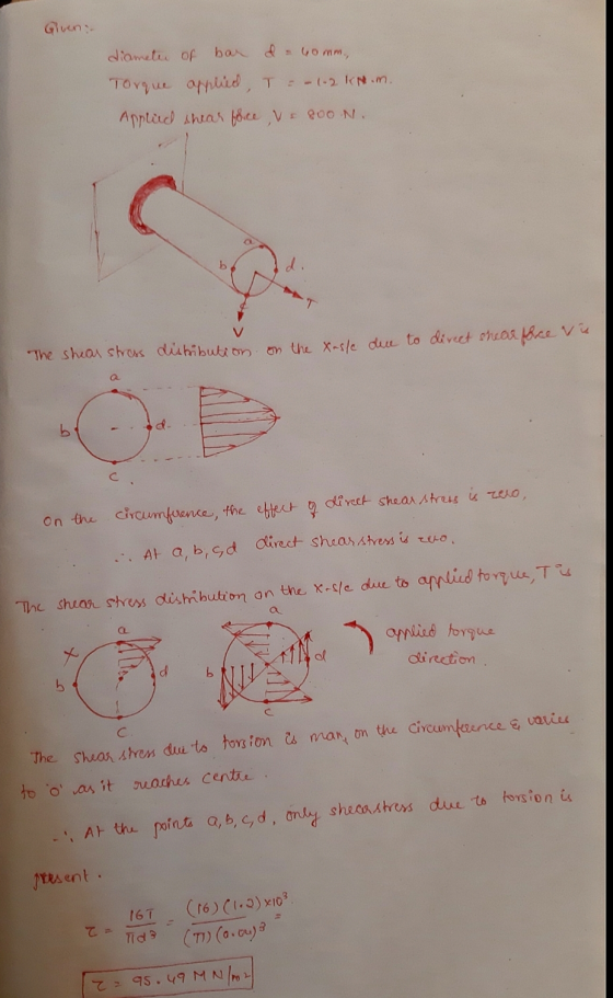 diameter of bar da 40 mm, Torque applied, I = - 1-2 kc.m. Applied shear force, & sooN. The shear stress distribution on the x