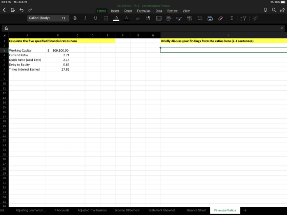 96% 3:03 PM Thu Feb 27 <a se Calibri (Body) AC 321 Intl - FA19 - Comprehensive Project Insert Draw Formulas Data Review View