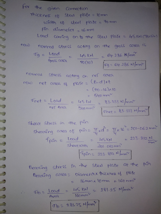 for the Thickness of = 16mm given Connection Sted plate = 10mm width of steel plate 70 mm Pin diameter Load coming on to the