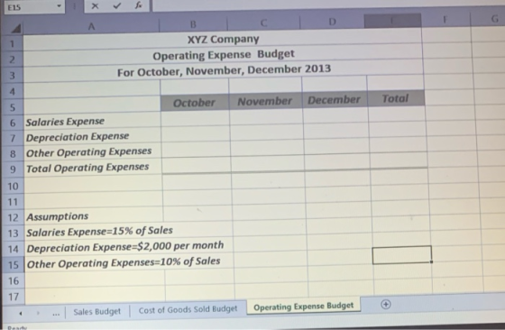 E15 D B XYZ Company Operating Expense Budget For October, November, December 2013 2 3 November Total October December 5 6 Sal