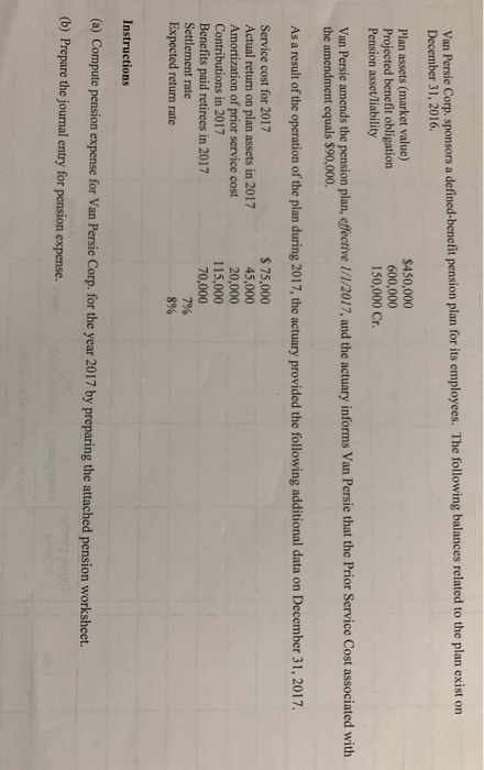 Van Persie Corp, sponsors a defined benefit pension plan for its employees. The following balances related to the plan exist