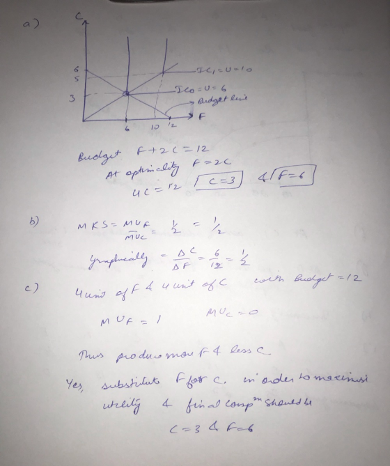 -ICI=Uzlo -Ilo=u=6 3 Budget line 6 1 2 Budget F+22=12 At optimality +=20 rc=3 418-6 uc=12 b) MR S = MUG Muc Ž = Дс Graphica