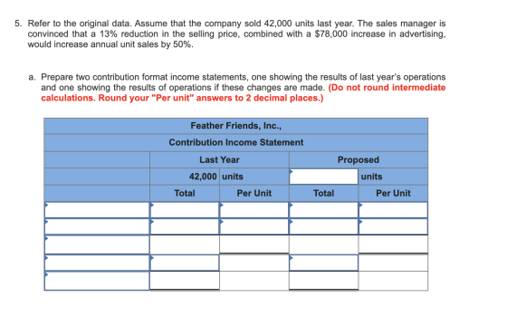 5. Refer to the original data. Assume that the company sold 42,000 units last year. The sales manager is convinced that a 13%