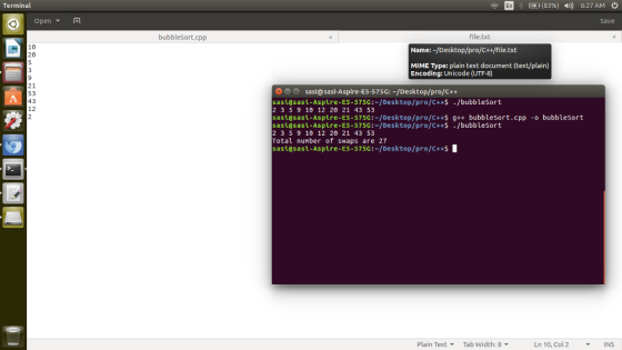 Terminal [+) (83%) w) 6:27 AM Save bubblesort.cpp file.txt Name:-/Desktop/pro/C++/file.txt MIME Type: plain text document (te