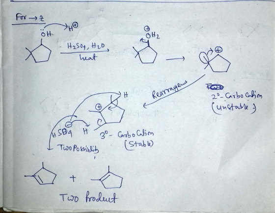 for Z Yy0 OH H2 H₂SO4, H2O heat Rearranerd 20- Carbocation unstable - ASDA t I Two Possinlich zo- Carsbo Cation (stable) Two