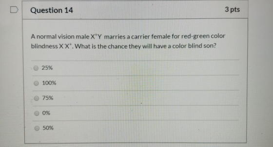 Question 14 3 pts A normal vision male XY marries a carrier female for red-green color blindness XX. What is the chance they