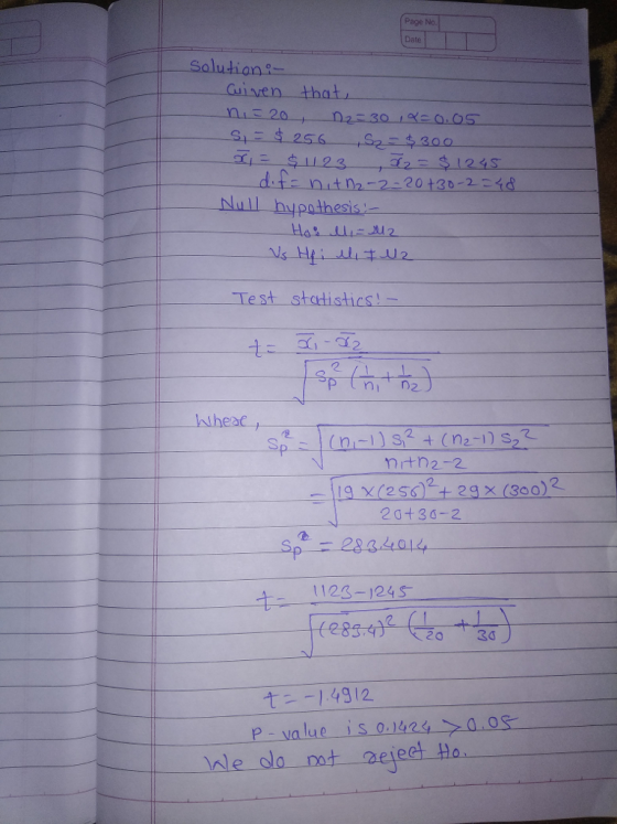 Page No. Date Sa 10n ven tho t 02-2-20 130-251 Null hpothesis Test stcdistics 2 Wheat 2 20+36-2 112S-124S t-1.4312 P-value s 0-142s 0.OS