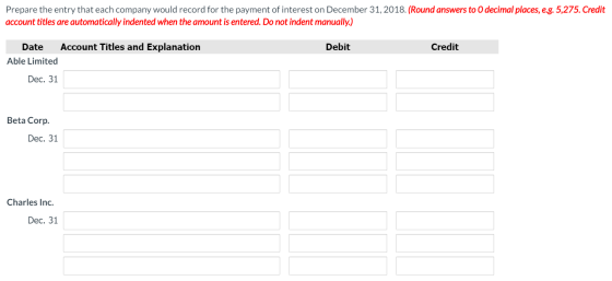 Prepare the entry that each company would record for the payment of interest on December 31, 2018. (Round answers to 0 decima