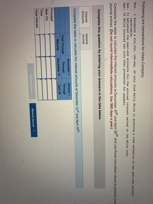 Following are transactions for Vitalo Company. Nov. 1 Accepted a $16,000, 180-day, 69 note from Kelly White in granting a tim