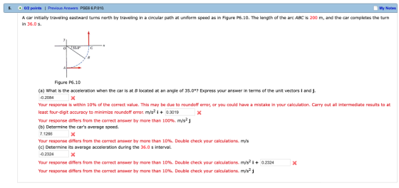 5. 0/2 points | Previous Answers PSE6 6.P.010. My Notes A car initially traveling eastward turns north by traveling in a circular path at uniform speed as in Figure P6.10. The length of the arc ABC is 200 m, and the car completes the turn in 36.0 s. Figure P6.10 (a) What is the acceleration when the car is at B located at an angle of 35.0°? Express your answer in terms of the unit vectors i and j 0.2084 Your response is within 10% of the correct value. This may be due to roundoff error, or you could have a mistake in your calculation. Carry out all intermediate results to at least four-digit accuracy to minimize roundoff error. m/si+ 0.3019 Your response differs from the correct answer by more than 100%, m/sy (b) Determine the cars average speed 7.1266 Your response differs from the correct answer by more than 10%. Double check your calculations. m/s (c) Determine its average acceleration during the 36.0 s interval -0.2324 Your response differs from the correct answer by more than 10%. Double check your calculations. m/s + 0.2324 Your response differs from the correct answer by more than 10%. Double check your calculations. m/s-j