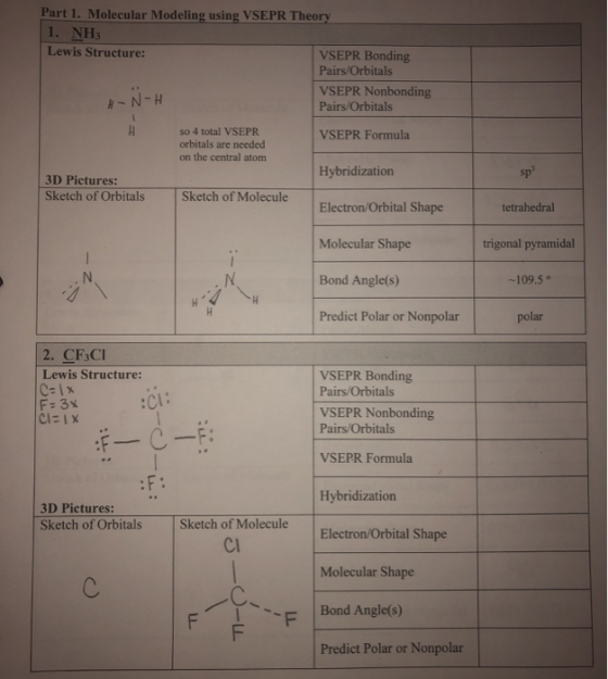 Part 1. Molecular Modeling using VSEPR Theory 1. NH3 Lewis Structure: VSEPR Bonding Pairs/Orbitals VSEPR Nonbonding Pairs/Orb