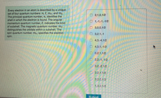 2,1,0,1/2 Every electron in an atom is described by a unique set of four quantum numbers:n, 2.me, and Ms. The principal quant