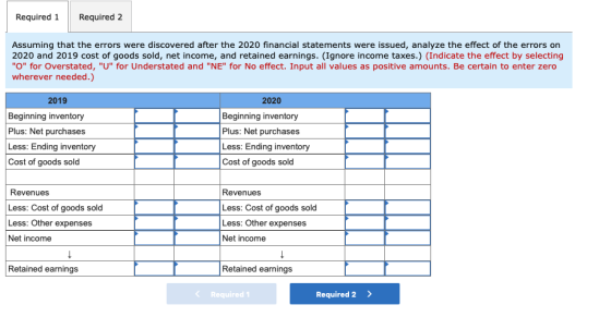 Required 1 Required 2 Assuming that the errors were discovered after the 2020 financial statements were issued, analyze the e