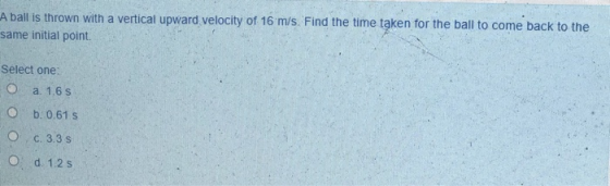 A ball is thrown with a vertical upward velocity of 16 m/s. Find the time taken for the ball to come back to the same initial
