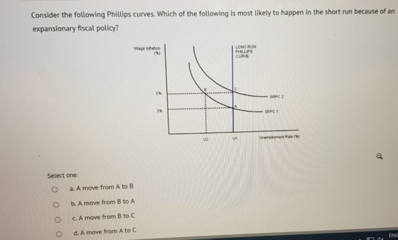 Consider the following Phillips curves. Which of the following is most likely to happen in the short run because of an expans