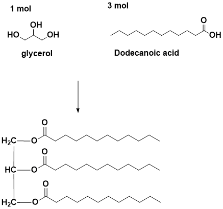 1 mol 3 mol ОН Но, дон glycerol Dodecanoic acid 2= Н,С—о нс — о. o= оя нс — од