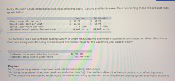 Rocky Mountain Corporation makes two types of hiking boots-Xactive and Pathbreaker. Data concerning these two product lines a