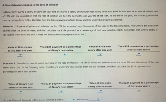 6. Unanticlpated changes in the rate of inflation Initially, Ginny earns a salary of $600 per year and Eric earns a salary of