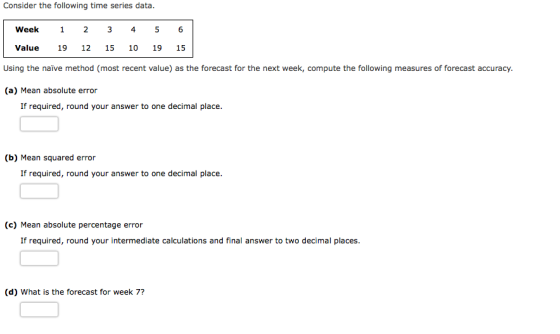 Consider the following time series data. Week 1 2 3 45 6 Value 19 12 15 10 19 15 Using the naïve method (most recent value) as the forecast for the next week, compute the following measures of forecast accuracy. (a) Mean absolute error If required, round your answer to one decimal place. (b) Mean squared error If required, round your answer to one decimal place. (c) Mean absolute percentage error If required, round your intermediate calculations and final answer to two decimal places. (d) What is the forecast for week 7?
