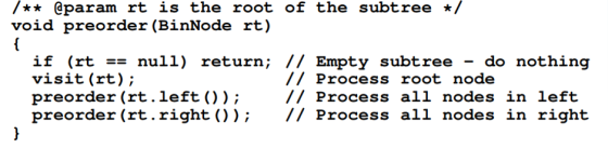 void preorder (BinNode rt) if (rt-null) return; // Empty subtree - do nothing visit(rt); preorder (rt.left()); // Process аїї