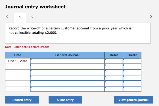Journal entry worksheet Record the write-off of a certain customer account from a prior year which is not collectible totalin
