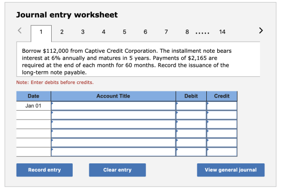 Journal entry worksheet 3 8 1 2 4 5 6 7 14. Borrow $112,000 from Captive Credit Corporation. The installment note bears inter