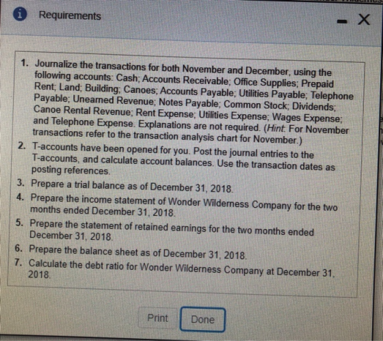 i Requirements 1. Journalize the transactions for both November and December, using the following accounts: Cash; Accounts Re
