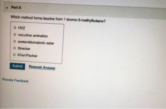 Part A Which method forms leucine from 1-bromo-3-methybutane? O HVZ O reductive amination o acetamidomalonic ester O Strecker