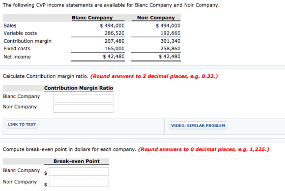 The following CVP income statements are available for Blanc Company and Noir Company Blanc Company Noir Company Sales Variable costs Contribution margin Fixed costs Net income $494,000 286,520 207,480 165,000 $42,480 $494,000 192,660 301,340 258,860 $42,480 Calculate Contribution margin ratio. (Round answers to 2 decimal places, e.g. 0.32.) Contribution Margin Ratio Blanc Company Noir Company LINK TO TEXT VIDEO: SIMILAR PROBLEM Compute break-even point in dollars for each company. (Round answers to 0 decimal places, e.g. 1,225.) Break-even Point Blanc Company s Noir Company