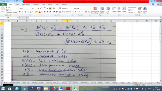 OPTIMAL RISKY POR VC AMORT SINKING JORDAN - Microsoft Excel (Product Activation Failed) Page Layout File Home Insert Formulas