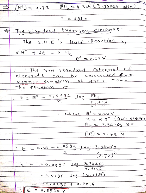3.94769 atm) PH,4 Bar Ht o72 Clecnd ९ : The stan dard + y o >০ ৭.e Reaction is The S.H.E S Half На t 2e 0.00 V Potentia alca