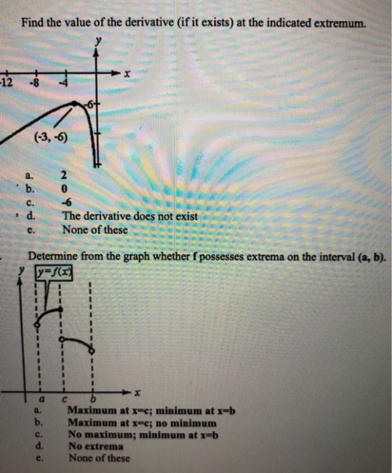 Find the value of the derivative (if it exists) at the indicated extremum. (-3,-6) so Sodo -6 The derivative does not exist N