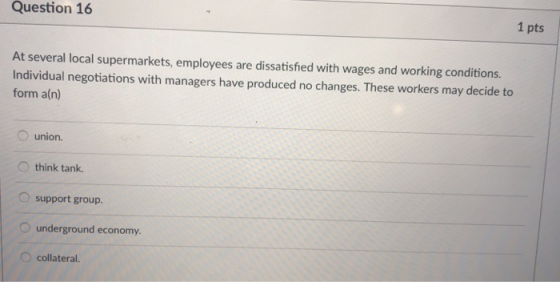 Question 16 1 pts At several local supermarkets, employees are dissatisfied with wages and working conditions. Individual negotiations with managers have produced no changes. These workers may decide to form a(n) 0 union. think tank. support group. underground economy. O collateral.