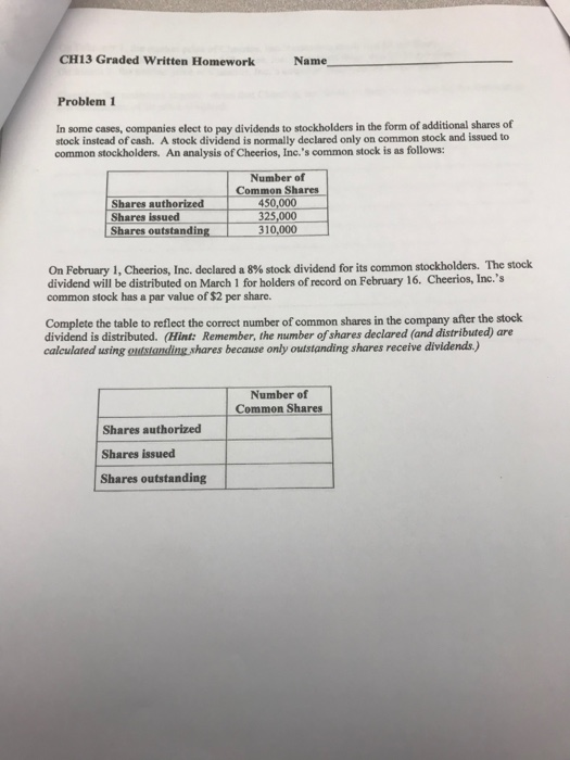 CH13 Graded Written Homework Problem 1 In some cases, companies elect to pay dividends to stockholders in the form of additio
