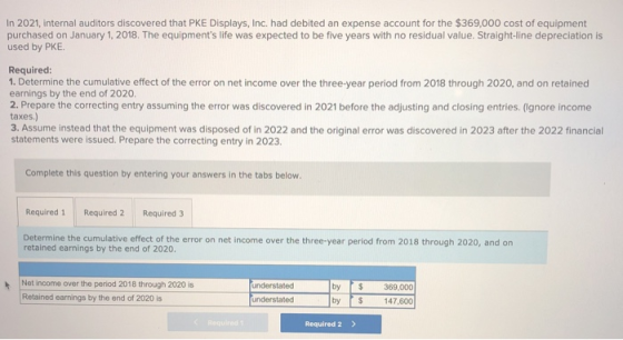 In 2021, internal auditors discovered that PKE Displays, Inc. had debited an expense account for the $369,000 cost of equipme