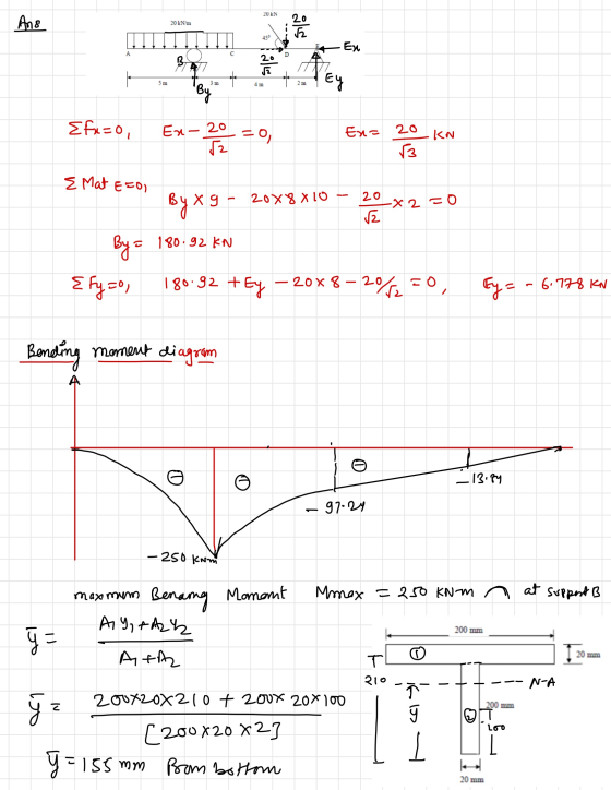 20 KN Ano 20 kN/m 450 5 m Efazo, Ex-20=0, Exo kon ka E Mat E=0 By x 9 - 2048 X 10 - 20 - X2=0 re By= 18092 KN {fy=0, 180.92 +
