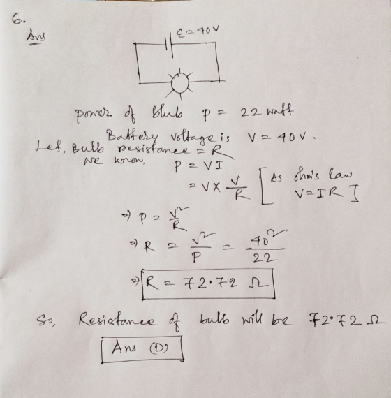 {=40v power of blub po 22 waff Battery voltage is v= 40v. let, Bulb pesistance = R are know, Pa V I vx - Ř I VIRI -> Path aux