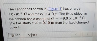 The cannonball shown in (Figure 1) has charge 7.0x10 s C and mass 0.04 kg. The fixed object in the cannon has a charge of Q 9.0 x 10 4 C. The ball starts at d 0.10 m from the fixed charged object. Figure 1 of 1