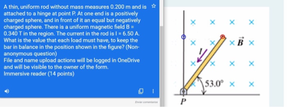 A thin, uniform rod without mass measures 0.200 m and is attached to a hinge at point P. At one end is a positively charged s