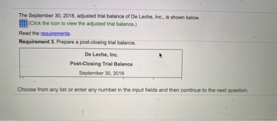 The September 30, 2018, adjusted trial balance of De Leche, Inc., is shown below. Click the icon to view the adjusted trial b