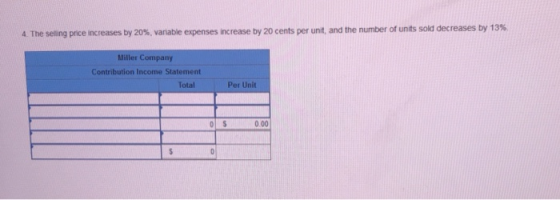 4 The seing price increases by 20%, vanable expenses increase by 20 cents per unit, and the number of units sold decreases by 13% Miller Company Contribution Income Statement Total Per Unit 0.00