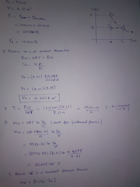 Vi= 0.21 3 p (fa) = 120000-t 10 (300 2213a0启 VE V ven ) Process ia is at ondent tem Preue Va.) 2213 Va= (0.21)12.18) ng ne r (221 300)(021) 9-3In D ) ia - n Va Ce V. 5532.41 In VaA Vi 0. 21 ) focess af is a constant pressue Process wat