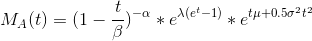 M_A(t) = (1 - \frac{t}{\beta})^{-\alpha}*e^{\lambda(e^t - 1)}*e^{t\mu + 0.5\sigma^2 t^2}