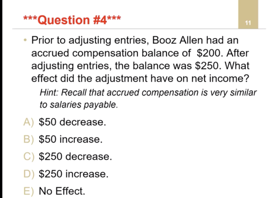 ***Question #4*** 11 Prior to adjusting entries, Booz Allen had an accrued compensation balance of $200. After adjusting entr