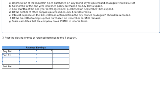 a. Depreciation of the mountain bikes purchased on July 8 and kayaks purchased on August 4 totals $7,100. b. Six months of th