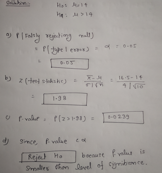 Saluhansi- Hos 4 =14 Hai u> 14 a) p | Falsly rejecting mull) pl type I error) d =0.05 0.05 b) z (test statistic) = X-M olm 16